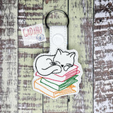 Cat Sleeping on Books Snap tab Key Fob ITH Embroidery Design file