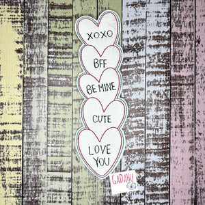 Candy Hearts bookmark ITH Embroidery design 5x7