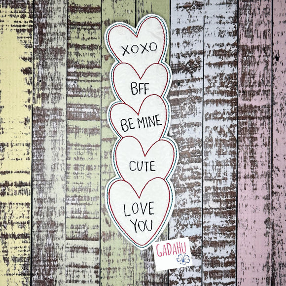 Candy Hearts bookmark ITH Embroidery design 5x7