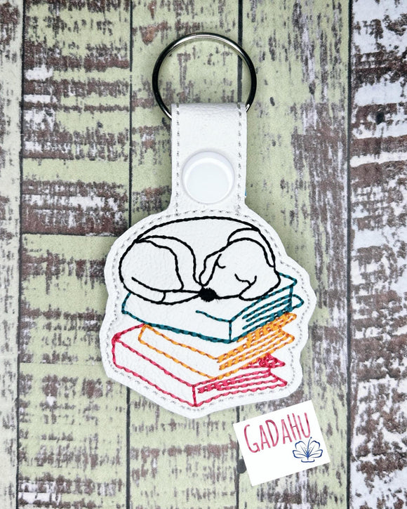 Dog Sleeping on Books Snap tab Key Fob ITH Embroidery Design file