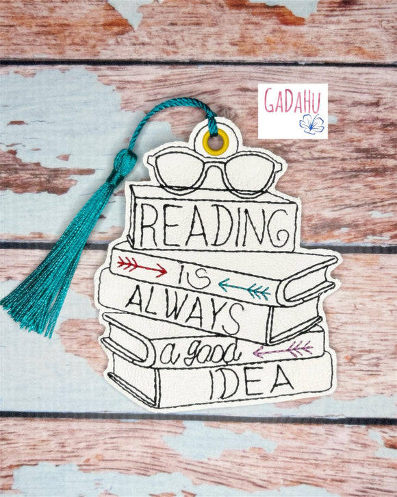 Reading is always a good idea bookmark charm ITH Embroidery design 4x4