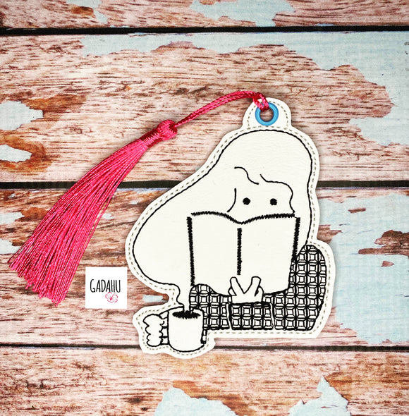 Girl coffee reading bookmark ITH Embroidery design 4x4