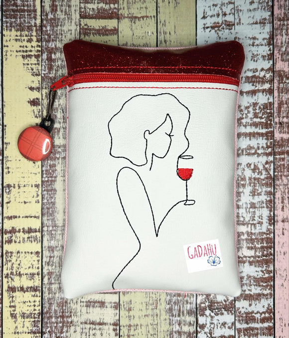 Lady with wine zipper bag Machine Embroidery Design 5X7