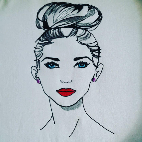 Elegant Woman with bun and red lips Machine Embroidery Design. 5x7/6x10 Digital file